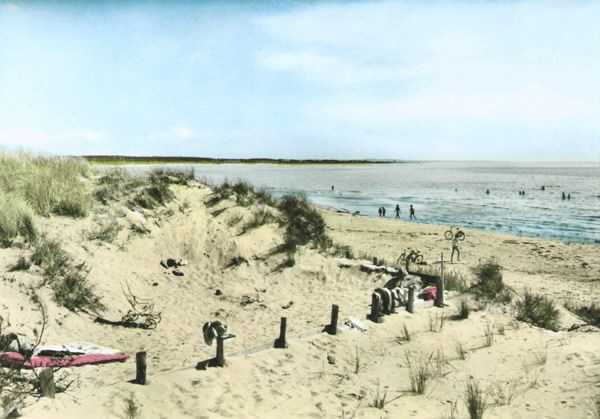 Kolorerat vykort, "Haverdalsstrand". Strandvy med sanddyna och badande i havet. I förgrunden en luftmadrass och barnvagn, på stranden några cyklar.