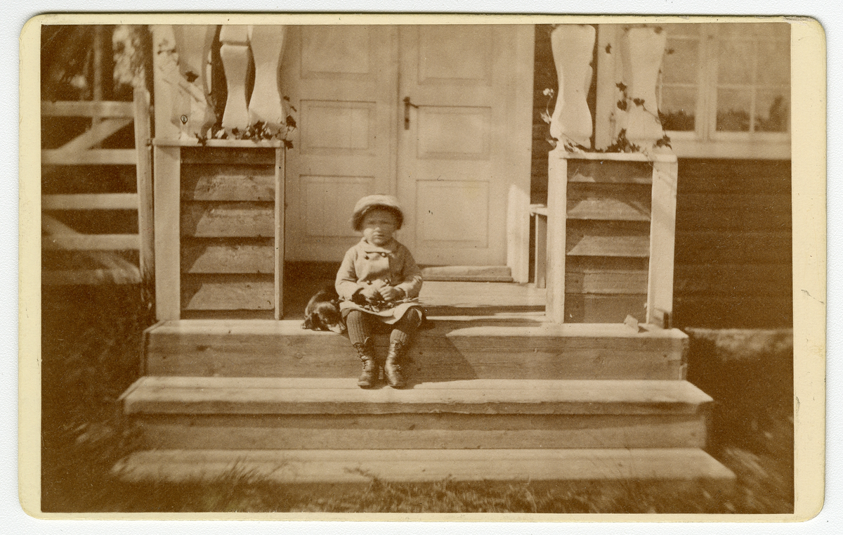 Foto av barn som sitter på trapp med hun liggende ved siden av, trolig tatt på Dal gård på 1880-tallet