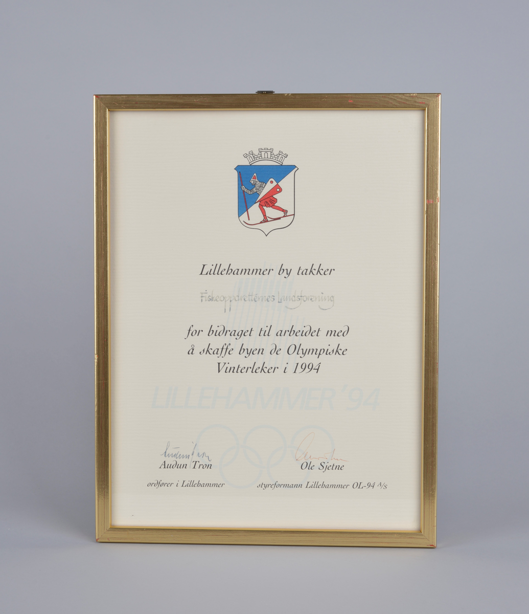 Innrammet takkebrev fra Lillehammer by i anledning støtte til arbeidet med å skaffe byen de Olympiske Leker i 1994