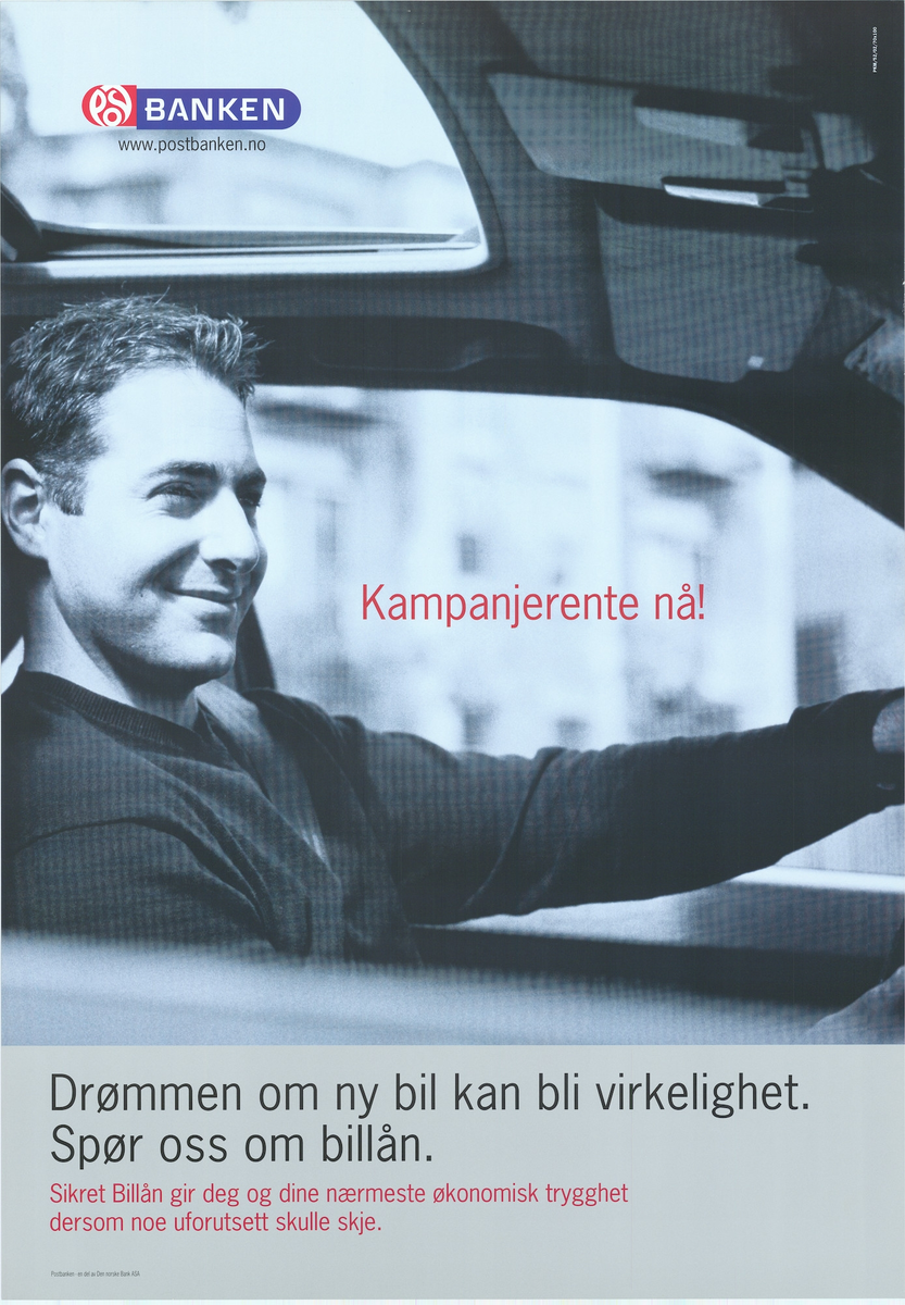 Tosidig plakat med tekst på nynorsk og bokmål. "Drømmen om ny bil kan bli virkelighet. Spør oss om billån". Postbanklogo.