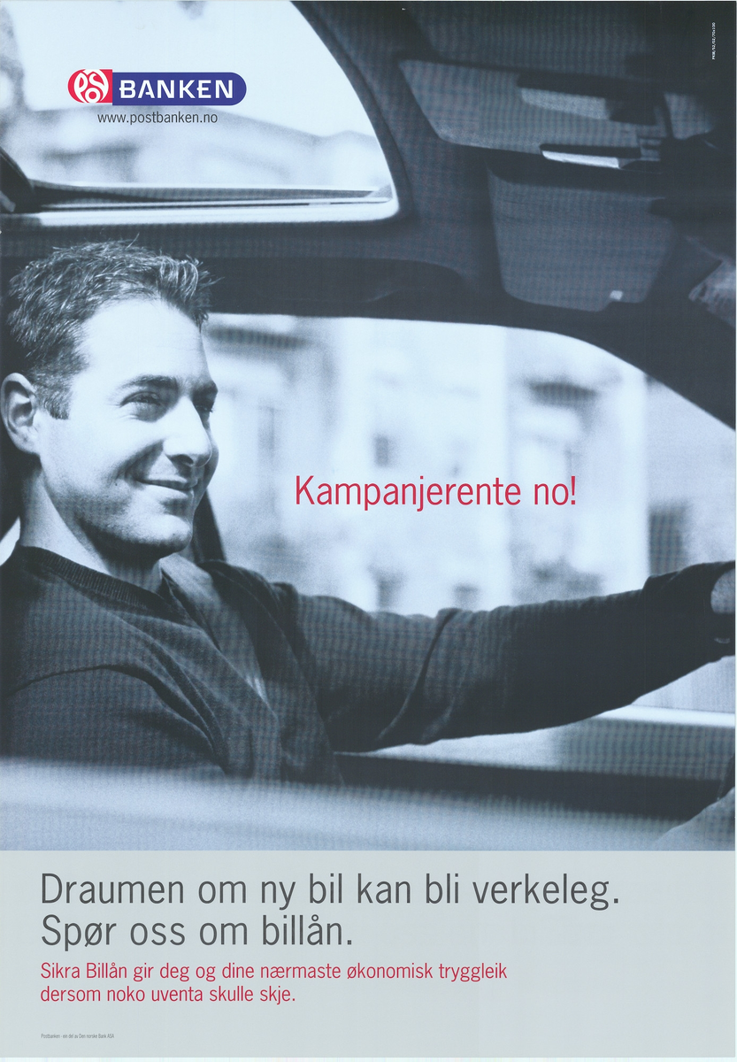 Tosidig plakat med tekst på nynorsk og bokmål. "Drømmen om ny bil kan bli virkelighet. Spør oss om billån". Postbanklogo.