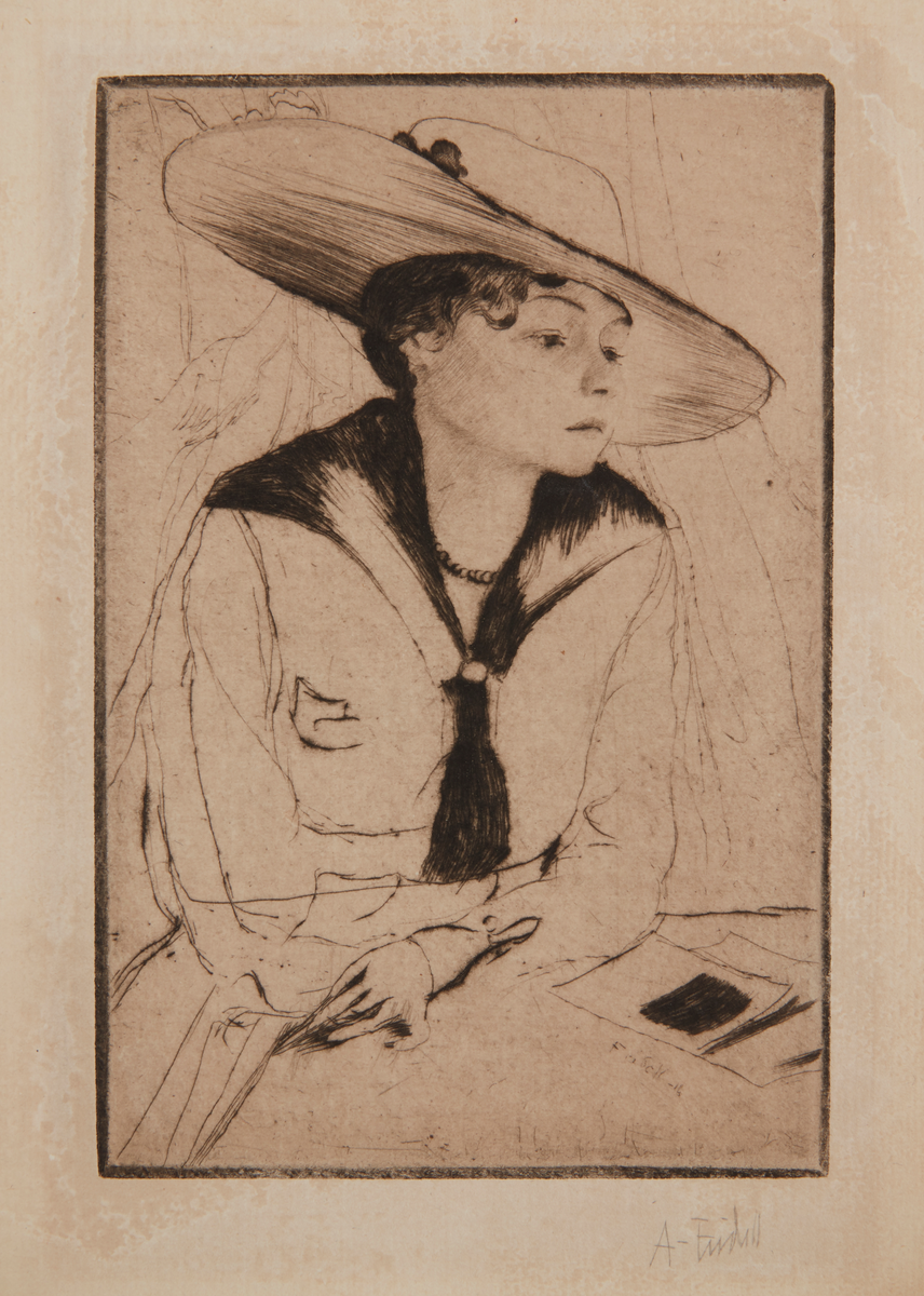 Gravyr av Axel Fridell. Torrnål på papper. Titel: "Elvira I (Vera)". 1916.