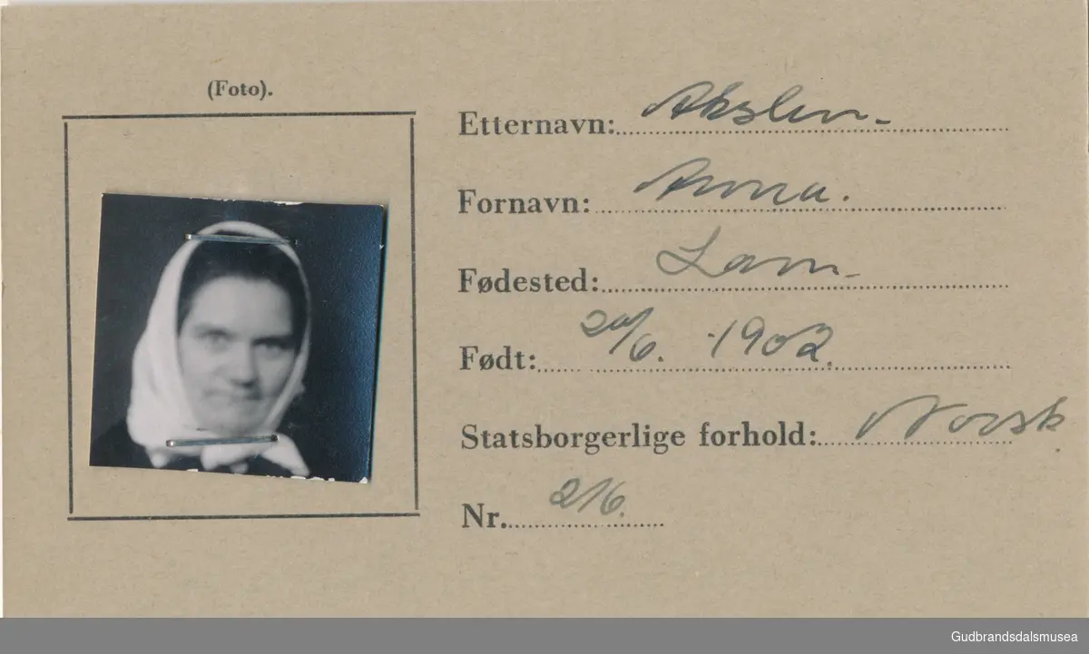Akslen, Anna f. 1902
ID-kort utstedt 1941, Lom