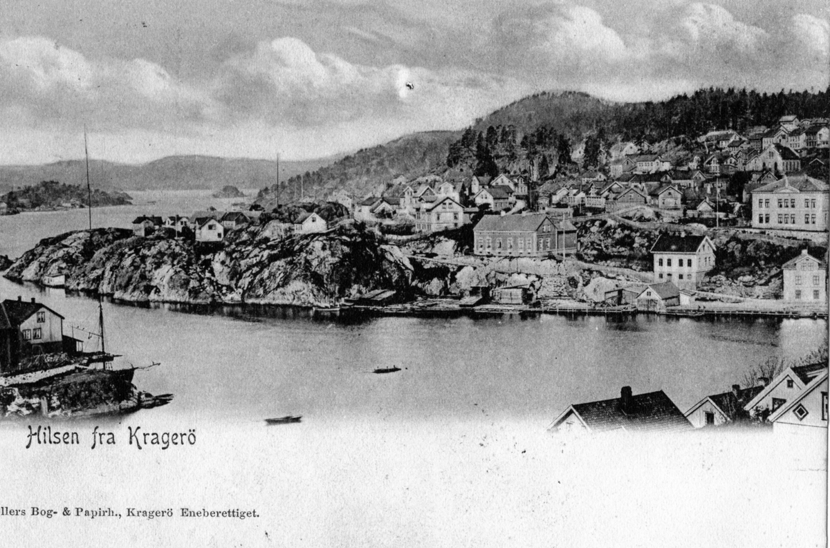 Postkort. Bit av Gunnarsholmen til venstre. Barthbrygga og Thomesheia i bakgrunnen.