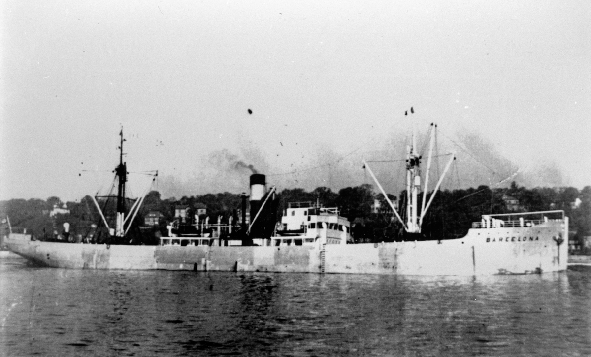 Motiv av det tyske frakteskipet Barcelona. Båten ble senket i Valderøyfjorden, rett nord for Ålesund, av britiske rekogniseringsfly 29. oktober 1941. Skipet ble brukt til troppetransport under krigen.