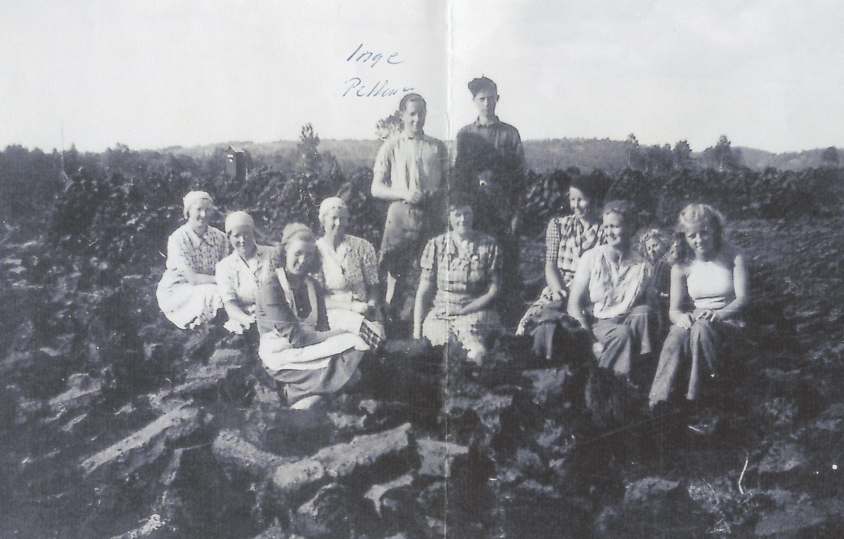Torvupptagning vid Tulebo under andra världskriget 1939 - 1945, under Götaverkens ledning. Stående från vänster: 1. Inge Pettersson. 2. Okänd man. Sittande från vänster: 1. Ingrid Talinsson (gift Bengtsson), Hultet. 2. Elsa Pettersson, Tuleboäng. 3. Okänd. 4. Olga Helgesson, Tulebo. 5. Hulda Helgesson, Tulebo (svägerska med nummer 4). 6. Okänd. 7. Hildur Nilsson, Tulebo. 8. Skymd. 9. Ingrid Aspelin Carlsson.