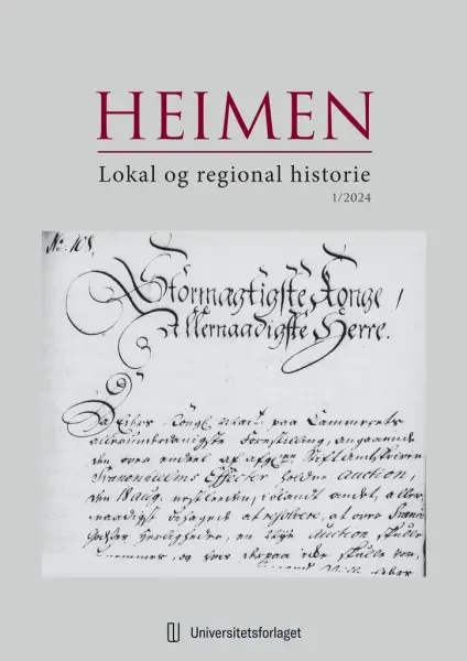 Tidsskriftforside av Heimen - Lokal og regional historie utgitt av Universitetsforlaget. Illustrasjonen på forsiden viser et manuskript.