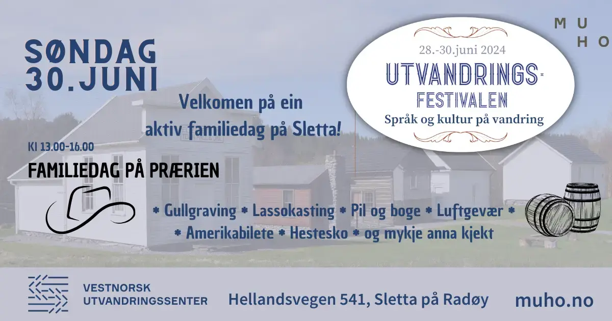 Festivalplakat med program, mest tekst på bakgrunnsbilde av Prærielandsbyen