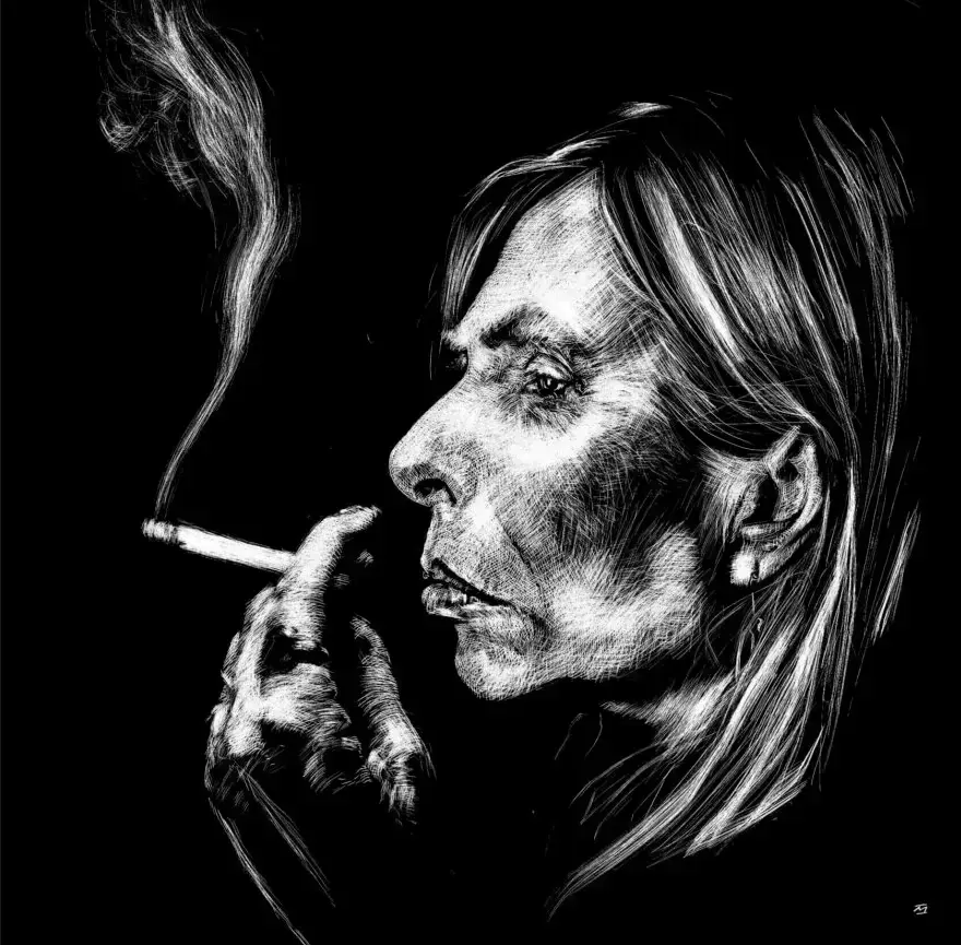 Svart-kvit illustrasjon av Joni Mitchell sett i profil med ein rykande sigarett i handa. 