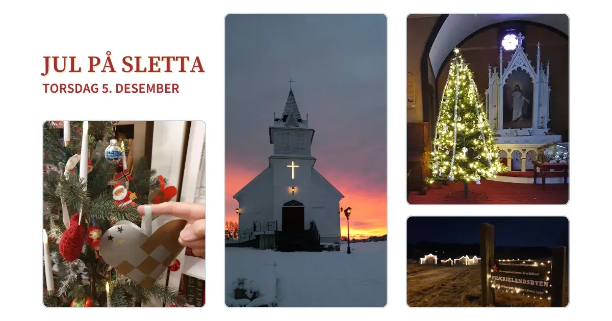 Bildekollasj. Emigrantkyrkja i solnegang og snø. Lyspyntet juletrei mørk belysning i koret i kirken. Prærielandsbyen i lyssilhuett i vinterkveld med snø. Flettet julejurv henges på juletre.