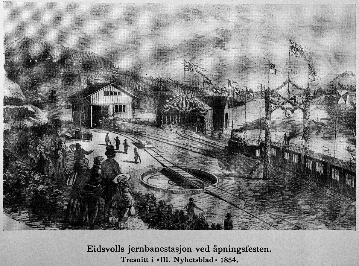 Eidsvoll Bad. Utsikt fra Eidsvoll Bad: Eidsvoll Jernbanestasjon ved åpningsfesten.  Tresnitt i "Illustrert Nyhetsblad" 1854. 