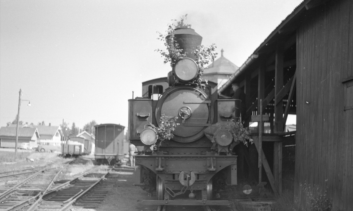 Tog til Skulerud under oppholdet på Bjørkelangen. Lokomotivet er pyntet med bjerkeløv i anledning St. Hans.