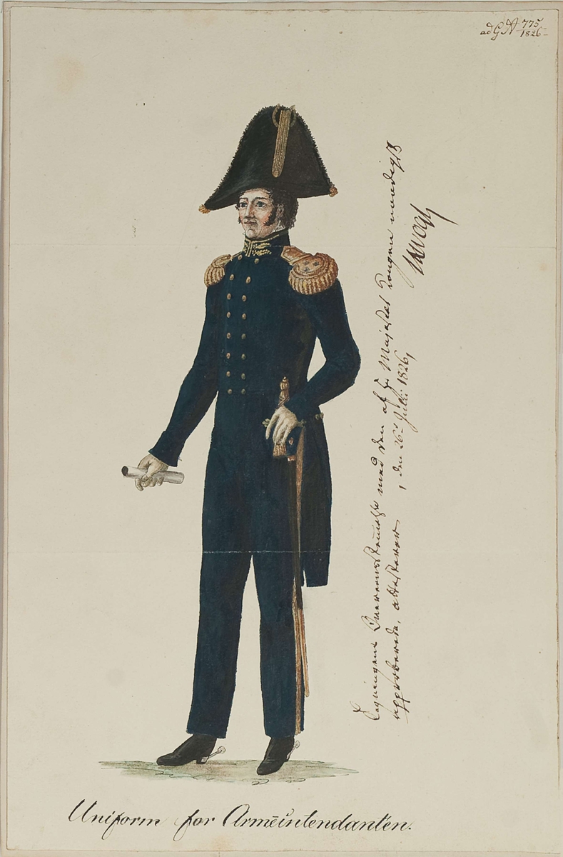 Approbasjonstegning for uniform til Armeeintendanten, 1826. Tekst: Uniform for Armeintendanten. Approbert 26. juli 1826.