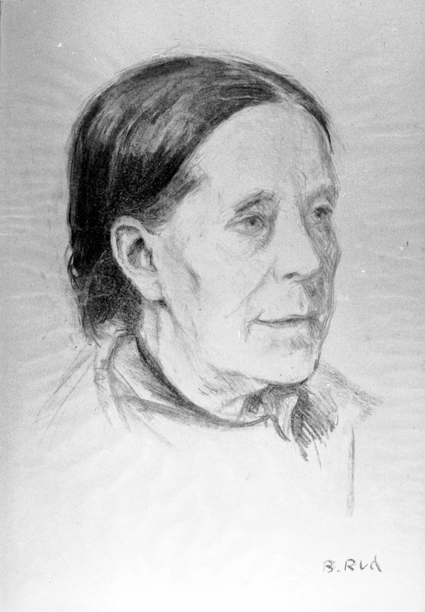 Portrettegning av Julie Andreassen Proøysen (17.12.1879-1961). Kunstner er Borghild Rud, Nittedal.