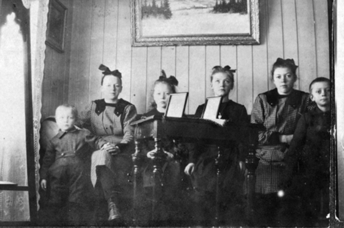 Søsknene Jovall på Mørkved lille, Brumunddal. Fra venstre er Gunnar, Helga, Astrid, Ester, Paula, og Sigurd Jovall.