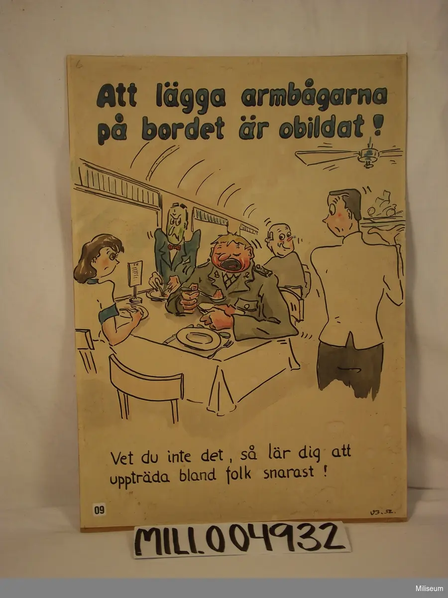 Ordningsregler i matsalen "Att lägga armbågarna på bordet är obildat! Vet du inte det, så lär dig att uppträda bland folk snarast!" 
Akvarell av Ulf Bottne.