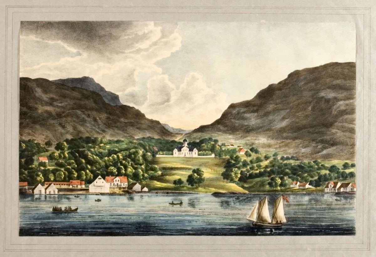 Landskap, Damsgård ved Bergen med bebyggelse og båter