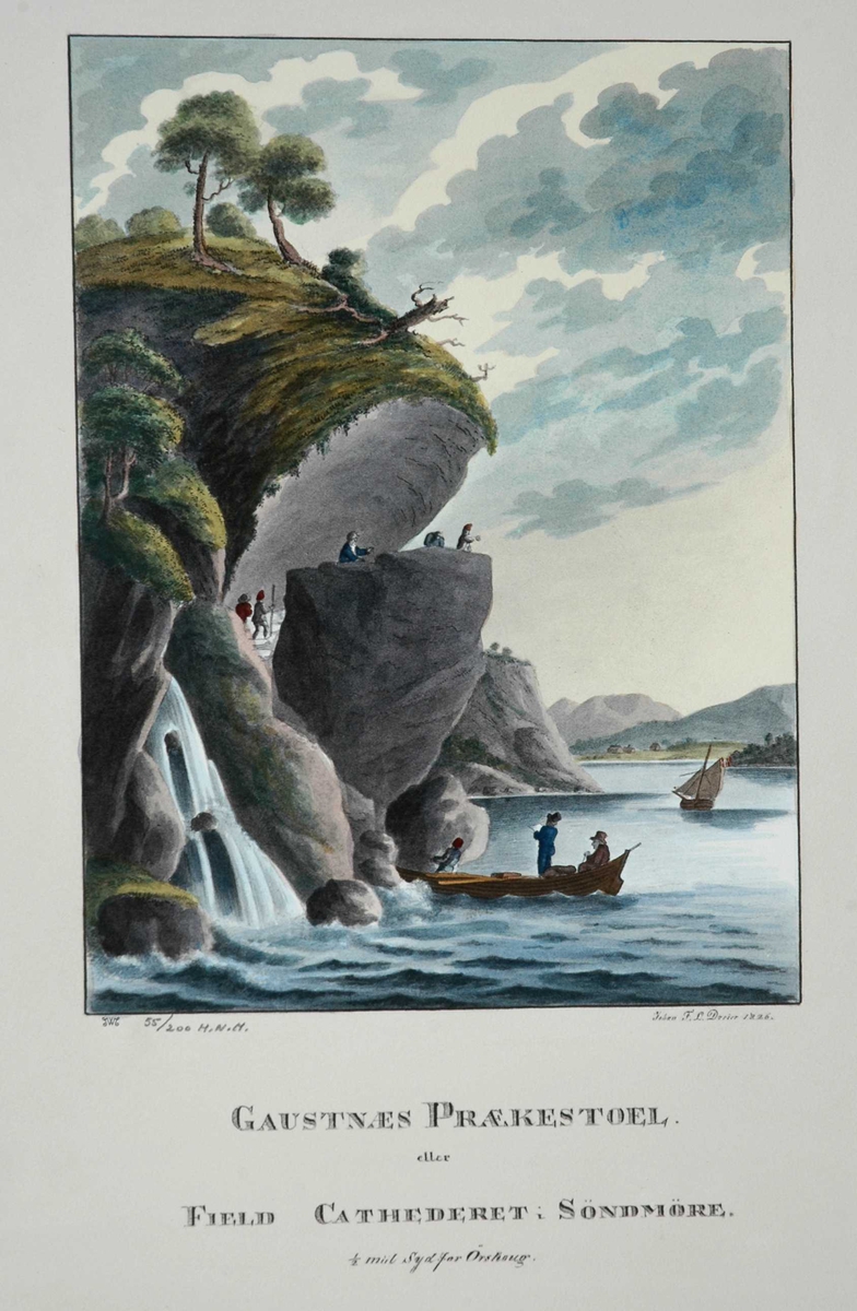 Prospekt, "Gaustnæs Prækestol", nær Ørskog, Sunnmøre. Mennesker i båter og på land
