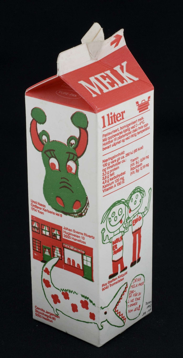 1 liters melkekartong for H-melk, dekorert med barneteninger