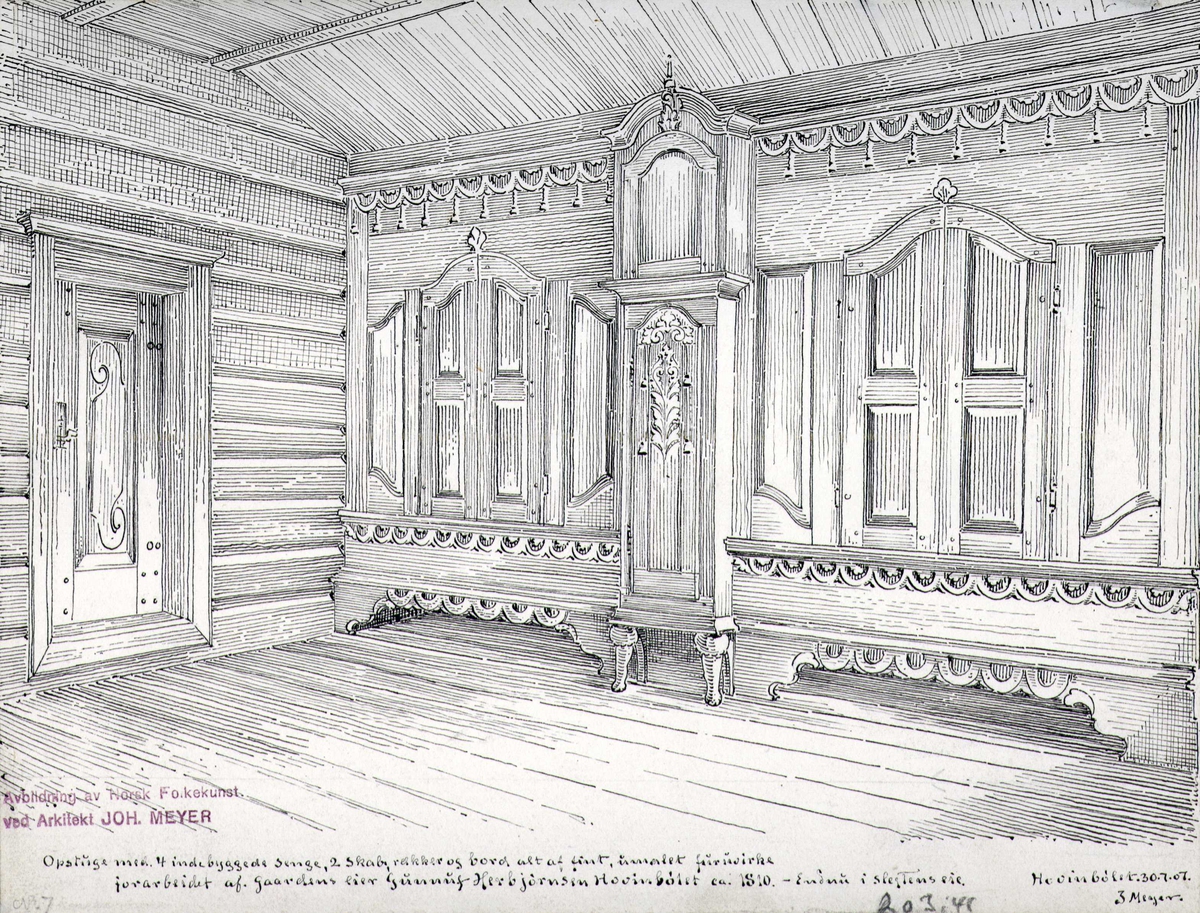 Johan J. Meyers tegning (1907) av interiør med innebygde senger fra ca. 1810, Hovinbøle, Hovin, Tinn, Telemark.