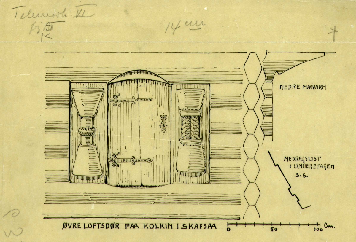 Tegning av øvre loftsdør, Kollkjenn, Tokke, Telemark.