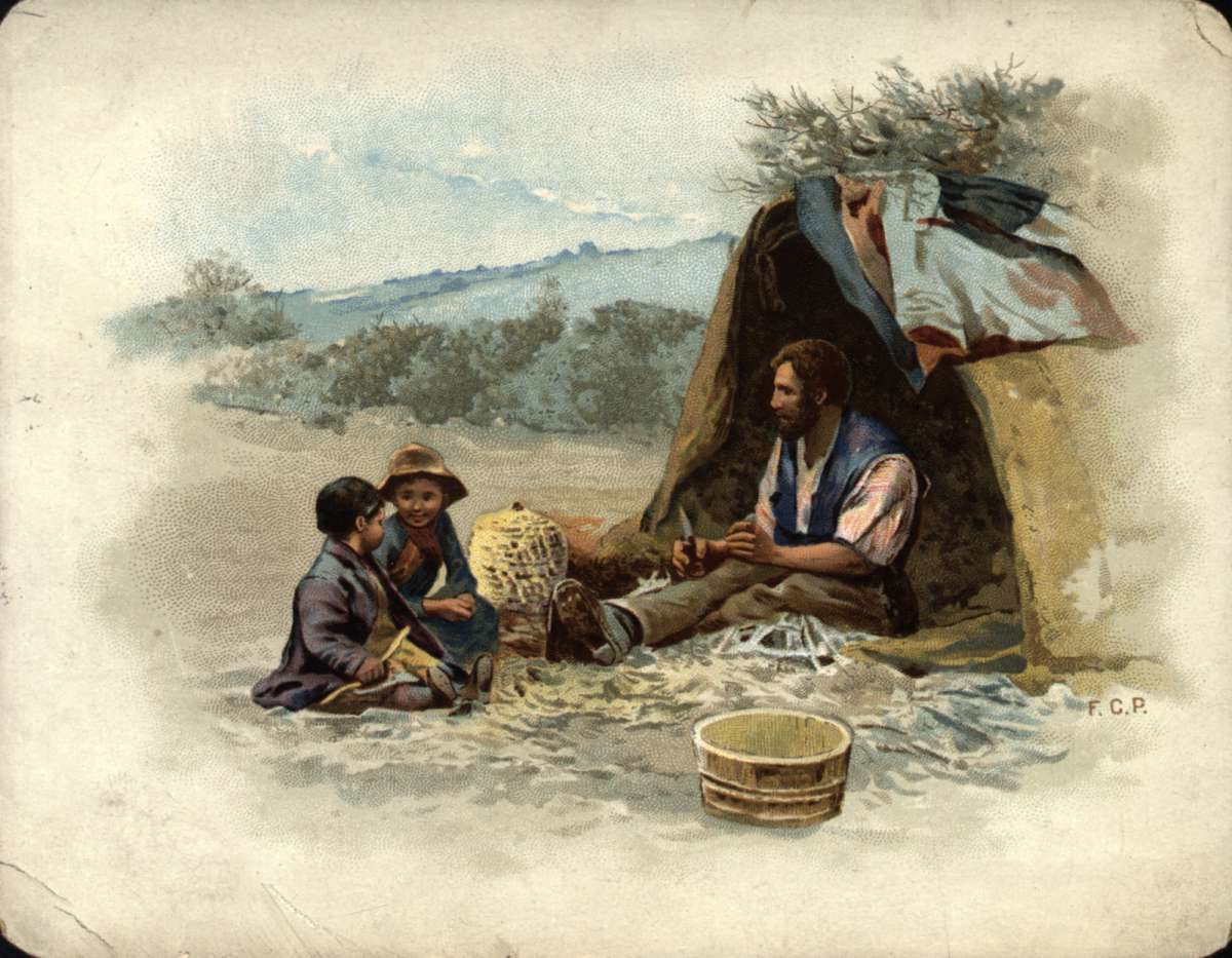 Postkort. Jule- og nyttårshilsen. Etter et motiv av F.C.P. Landskap. Mann og to gutter utenfor et telt. Datert 20.12.1889. Kartongkort.