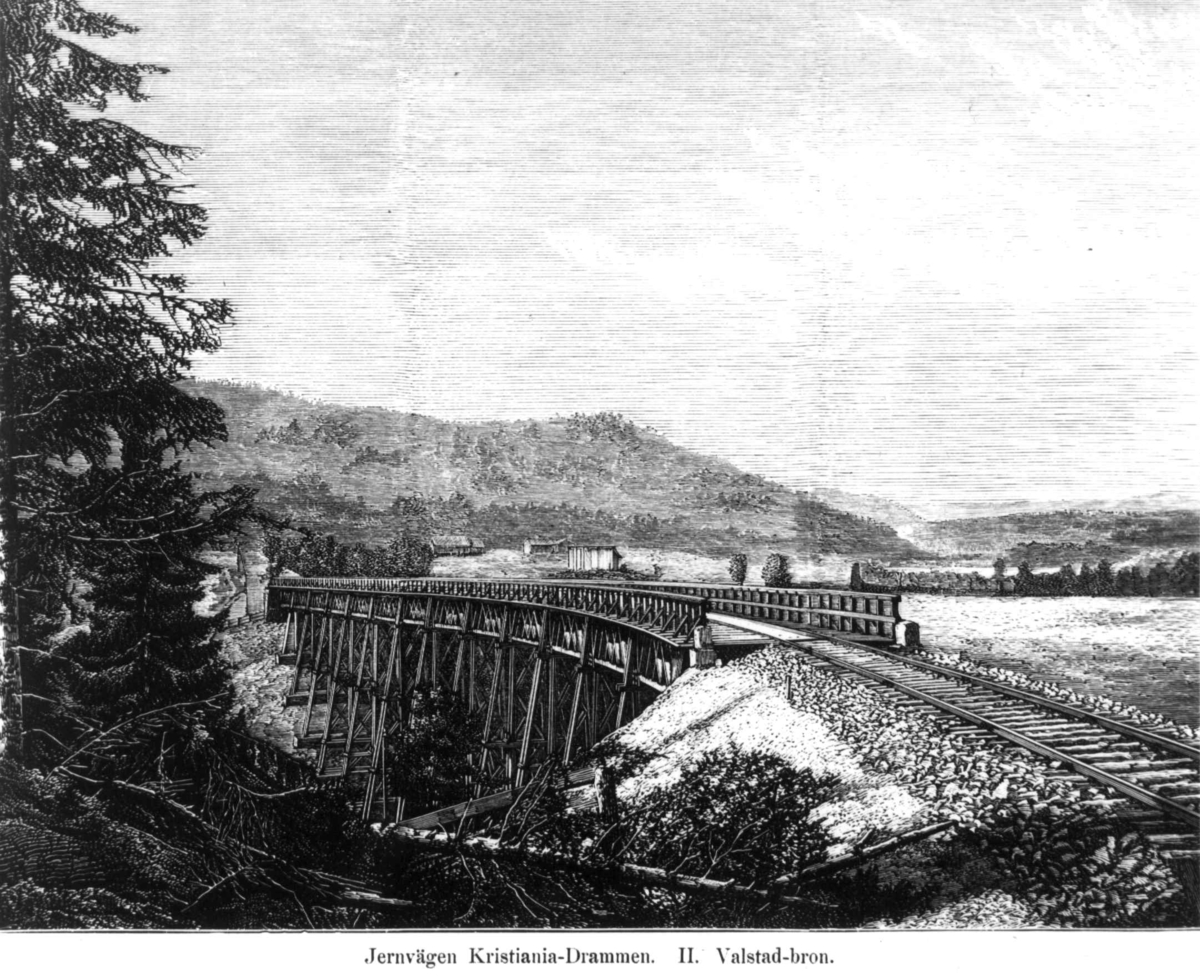 Jernbanen Kristiania-Drammen med Valstadbroen.