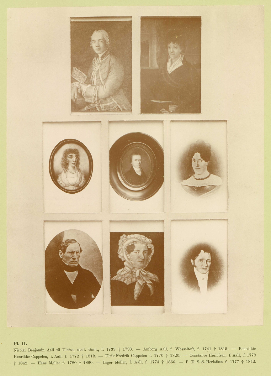 Gruppe av portretter av familien Aall klistret opp og navngitt.
