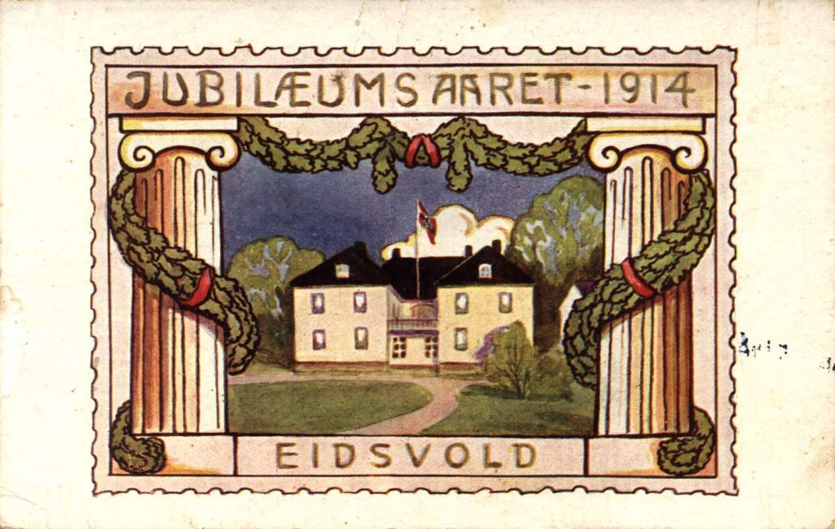Postkort. Maleri. Eidsvollsbygningen omkranset søyler og girlander.  Tekst på kortet "Jubilæumsaaret 1914. Eidsvold".
