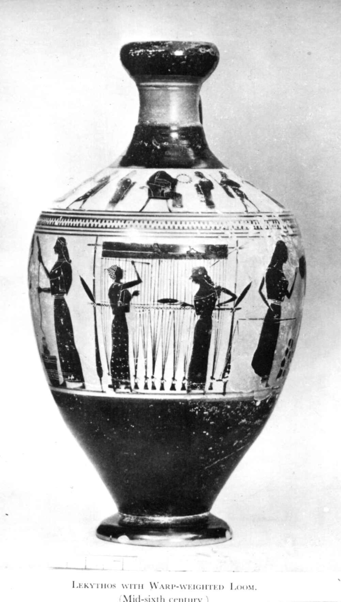 Vevstol, dekorasjon på vase. Fra midten av det 6. århudre før vår tidsregnig. Hellas.