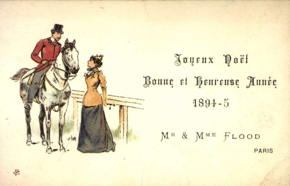 Jule- og nyttårskort. Rytter til hest i samtale med kvinne. 1894-95. Laget for herr og fru Flood, Paris.