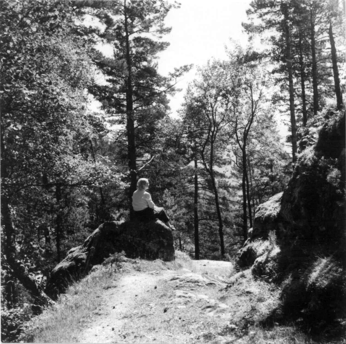 Gammel postvei til Tveiti, Hildestveit og Fenno. Kvinne sitter på en stein i veien.