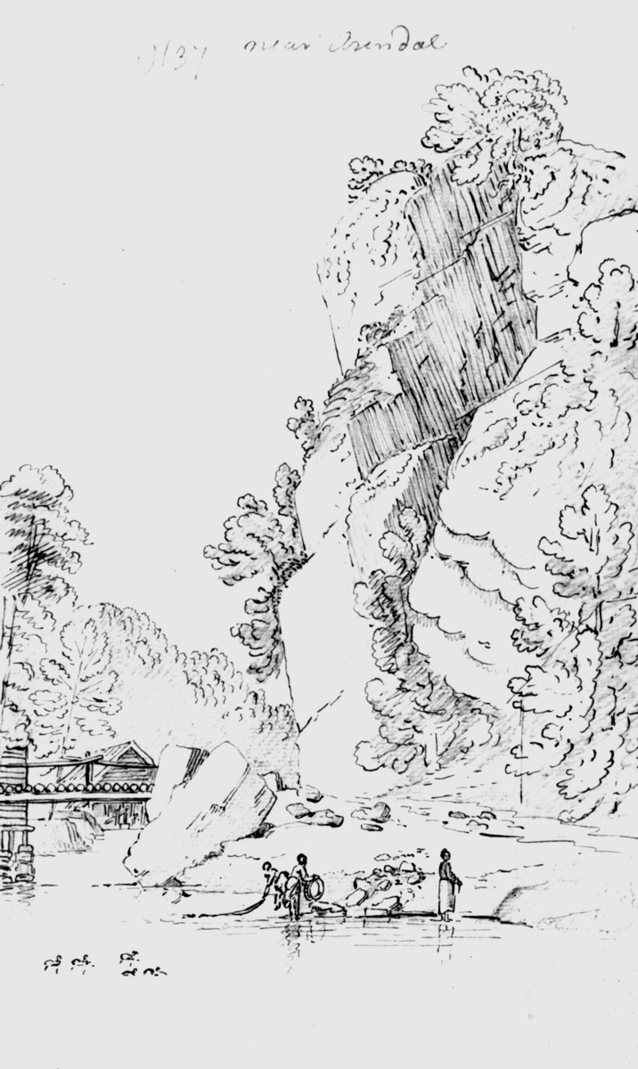 Klesvask, Arendal omegn, Aust-Agder.
Fra skissealbum av John W. Edy, "Drawings Norway 1800".