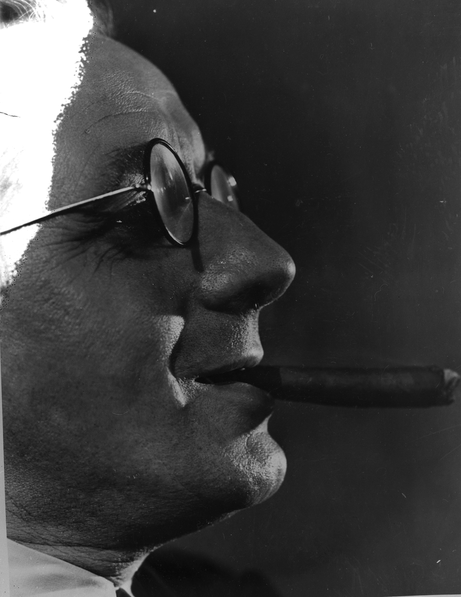 Reklamefoto. Mannlig modell med briller røyker sigar.