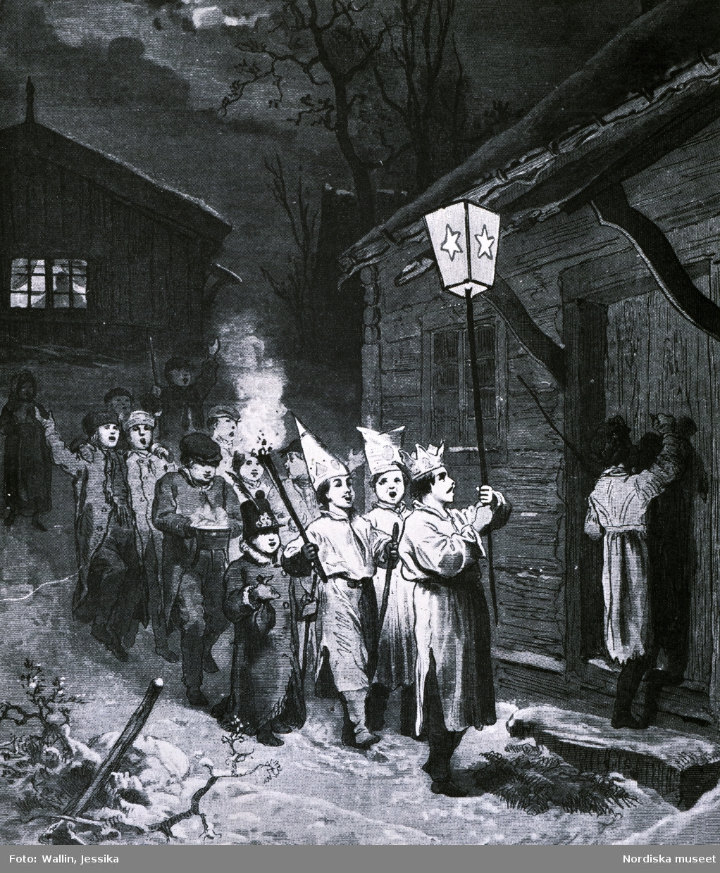 Stjärngossar knacka på. Teckning som visar ett staffansupptåg i Uppland, av A. Malmström i tidningen Hemvännen 1882.