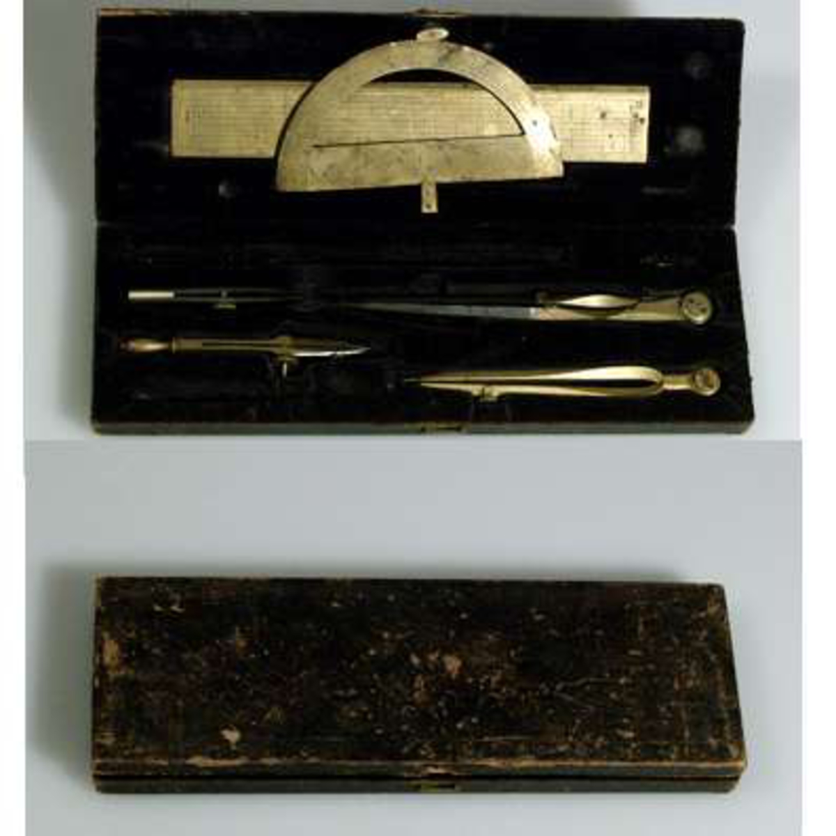 Instrument av mässing med stålspetsar. Tillhörande svart läderetui, se UM14366b.