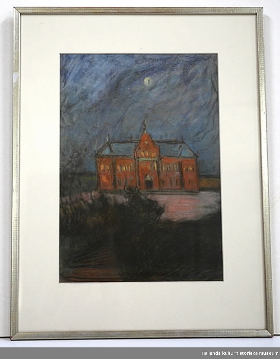 Pastell av Karl Nordström 1894. Titel: "Varbergs skolhus". Motiv: Varbergs läroverk, nuvarande kommunhuset i Varberg. Bildmått: bredd 24 cm, höjd 35 cm.