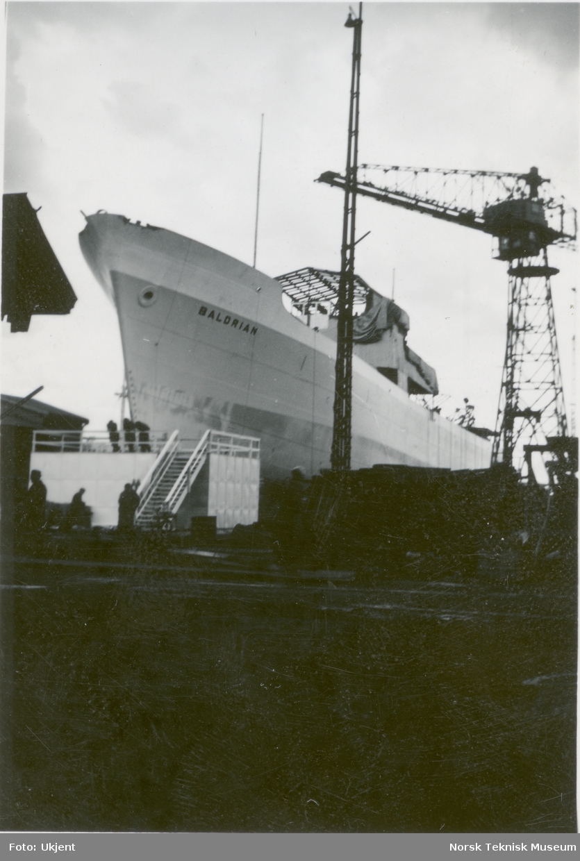 Lasteskipet M/S Baldrian, B/N 486 på bedding på Akers Mek. Verksted før stabelavløpning 29. april 1947. Skipet ble levert i 1947 til Fred. Olsen & Co.