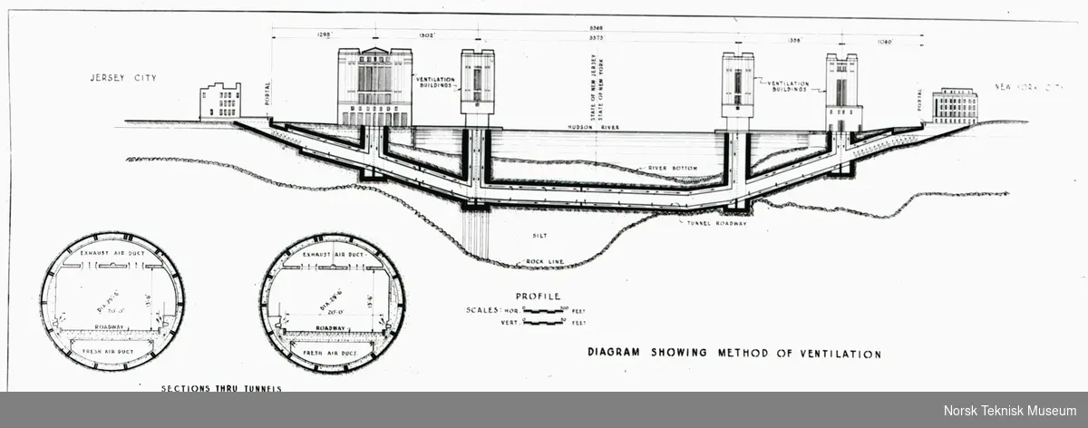 Tegning som viser ventilasjonssystemet, Hudson River tunnell, 1927
