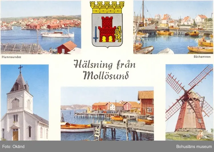 Tryckt text på kortet: "Hälsning från Mollösund."
"Hamnsundet, Båthamn, Kyrka, Sjöbodar och bryggor, Väderkvarn."
"Förlag: Firma H. Lindenhag, Göteborg."