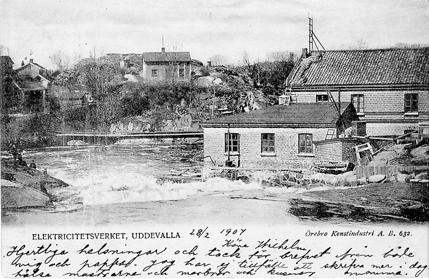 Tryckt text på vykortets framsida: "Elektricitetsverket Uddevalla".
