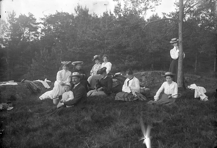 Enligt fotografens notering: "Herr o Fru Larsson, Hanna Kihlman , Fru Stiberg, Fr. Stiberg 1907. S. Brulins skog".