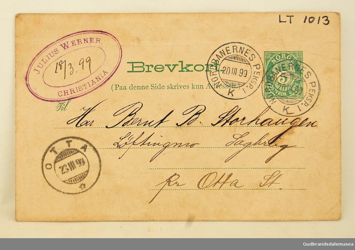 Rektangulært brevkort i kartong, trykt og håndskrevet, datert 1899.
