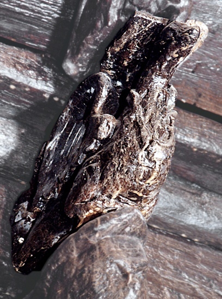Konsol utformad som en fågel, dubbelsidigt skulpterad utmed de bägge långsidorna.
Fågeln har en kort och tjock hals, ett litet huvud samt en spetsig näbb. På huvudet sitter en kamliknande bildning. Benen hålls böjda under kroppen och stjärten är riktad nedåt. De kraftiga vingarna tycks vara lyfta till hälften. Kring halsen sitter ett halsband.

Större delen av skulpturens över- och undersida samt den smala baksidan upptas av anliggningsytor. Vinkeln mellan baksida och översida markeras av ett stort halvrunt urtag.
Bröstpartiet är slitet. Längs vänster sida har en kraftig sprickbildning uppstått.

Text in English: Console in the shape of a bird. Carved specifically  to be seen in profile.
The bird has a short, thick neck and small head with a comb-like formation. The legs are held bent under the body and the tail is angled downward. The powerful wings appear to be half-lifted.  Around the bird''s neck is a necklace of some kind.

The sculpture''s under- and topside and the narrow reverse side consist of attachment surfaces. The angle between the reverse side and the top side is marked by a large semi-circular recess.
Breast section severely worn. A large crack has formed along the left side.