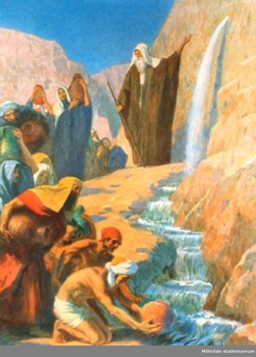 Kristendomskunskap:Moses frambringar vatten ur klippan.Bibeln i bild nr. 6.