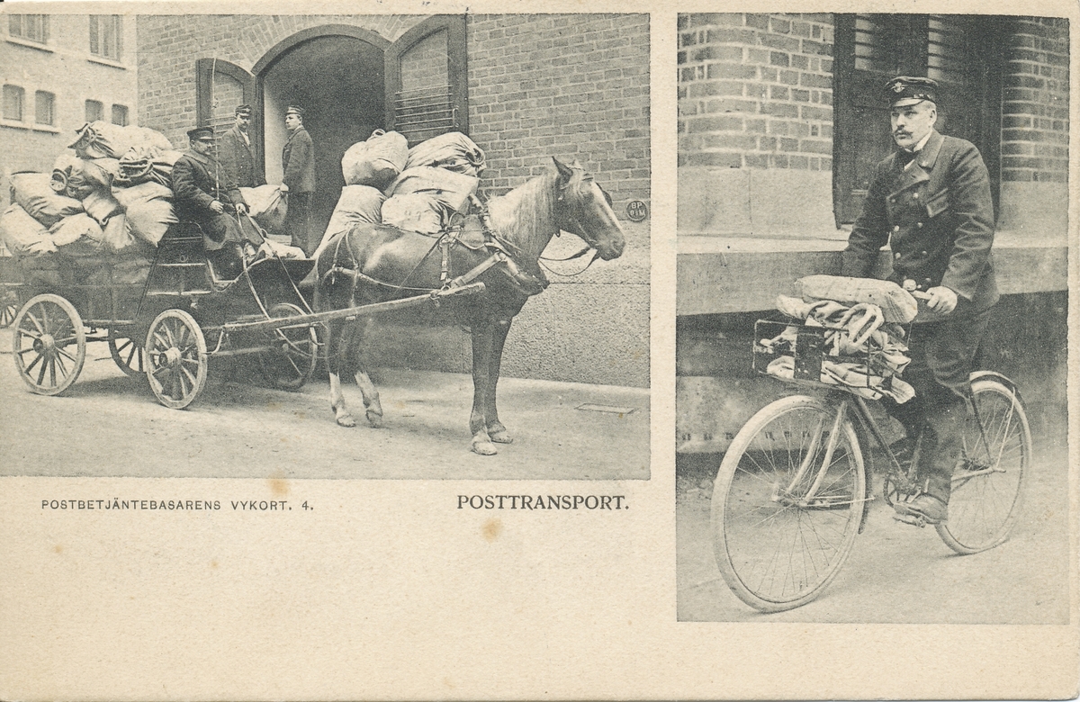 Brevbärare på cykel, och posttransport med häst och vagn.