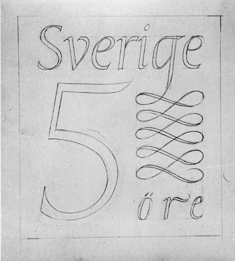 Förslagsskisser till frimärket Ny Siffertyp 1951 - 1965, utgivet 29/11 1951. Konstnär: Karl-Erik Forsberg. Blyerts. 
Valör 5 öre med snodd till höger.