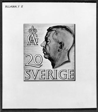 Bidrag till 1951 års tävling om ny frimärkstyp med Gustaf VI Adolfs porträtt. Fotorepro av konungens porträtt efter David Tägtströms teckning. Konstnär: William Peterson, 
med motto: "Pillarbox". "Pillarbox 5 II". Valör 20 öre.