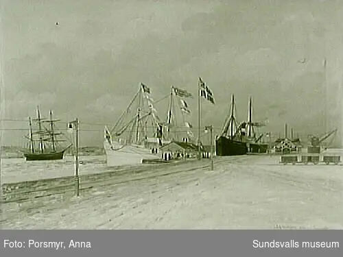 Fotografi av oljemålning av J.A.Holmberg, "Motiv från Sundsvalls hamn 21/4 1903".