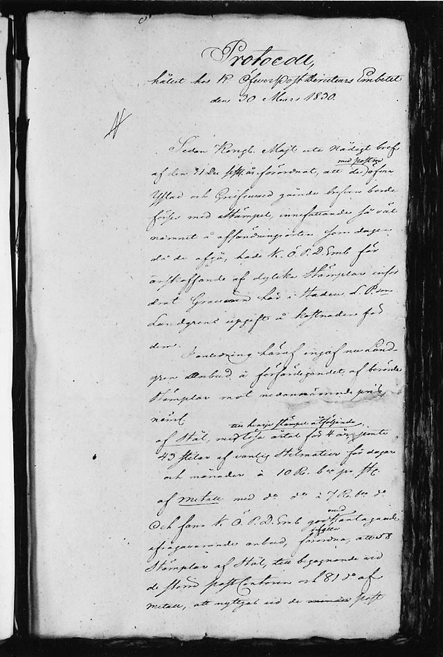 "Protocoll hållet hos K. Öfverpost- directeurs Embetet den 30 mars
1830" (framsidan).